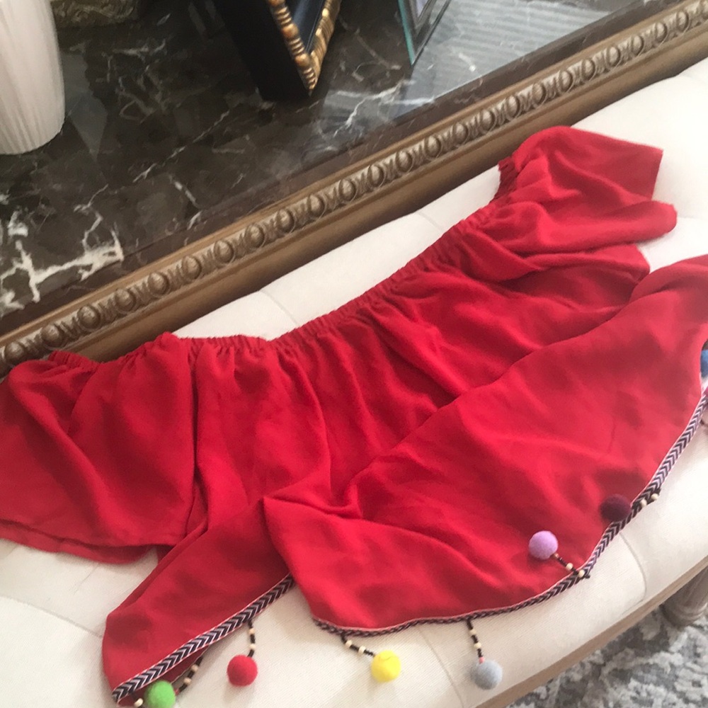 Red Off-Shoulder Top with Pom Pom Trim